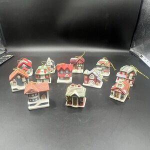 12 pc Vtg 1992 Winter Town Village Set Of Ceramic Christmas Ornaments 2.5"H